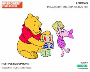 Winnie The Pooh, Piglet Arranging Alphabet Blocks - Disney Characters - Back to School - Holiday Inspired Embroidery Design in 3 sizes & 8 formats