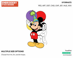 Mickey Mouse Wearing A Party Hat With Balloons - Disney Characters - Birthdays & Parties - Holiday Inspired Embroidery Design in 3 sizes & 8 formats