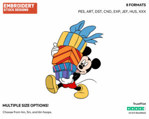 Mickey Mouse Carrying Pile Of Gifts - Disney Characters - Birthdays & Parties - Holiday Inspired Embroidery Design in 3 sizes & 8 formats