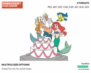 Ariel Cutting Birthday Cake, Triton, Flounder - Disney Characters - Birthdays & Parties - Holiday Inspired Embroidery Design in 3 sizes & 8 formats