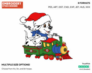 Dalmatian Puppy Riding Christmas Train - Disney Characters - Christmas - Holiday Inspired Embroidery Design in 3 sizes & 8 formats