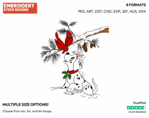 Dalmatian Puppy, Red Cardinals - Disney Characters - Christmas - Holiday Inspired Embroidery Design in 3 sizes & 8 formats