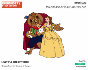 Beast Giving Belle A Christmas Present - Disney Characters - Christmas - Holiday Inspired Embroidery Design in 3 sizes & 8 formats