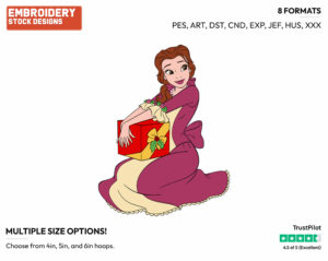 Belle Holding A Christmas Present - Disney Characters - Christmas - Holiday Inspired Embroidery Design in 3 sizes & 8 formats