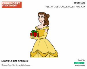 Belle Holding Present - Disney Characters - Christmas - Holiday Inspired Embroidery Design in 3 sizes & 8 formats