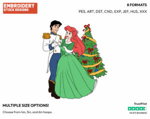 Ariel, Eric Standing By Christmas Tree - Disney Characters - Christmas - Holiday Inspired Embroidery Design in 3 sizes & 8 formats
