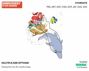 Ariel As Santa Claus, Flounder, Dolphins - Disney Characters - Christmas - Holiday Inspired Embroidery Design in 3 sizes & 8 formats