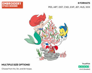 Ariel Decorating Tree With Flounder, Sebastian - Disney Characters - Christmas - Holiday Inspired Embroidery Design in 3 sizes & 8 formats