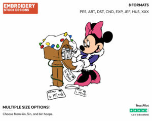 Minnie Mouse At Her Mail Box - Disney Characters - Christmas - Holiday Inspired Embroidery Design in 3 sizes & 8 formats