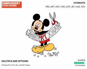 Mickey Mouse Holding Up A Merry Christmas Sign - Disney Characters - Christmas - Holiday Inspired Embroidery Design in 3 sizes & 8 formats