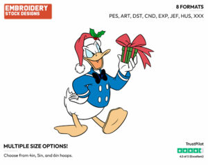 Classic Donald Duck Holding A Christmas Present - Disney Characters - Christmas - Holiday Inspired Embroidery Design in 3 sizes & 8 formats