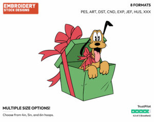 Classic Pluto Wearing A Bow In A Christmas Present - Disney Characters - Christmas - Holiday Inspired Embroidery Design in 3 sizes & 8 formats