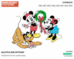 Classic Mickey And Minnie Mouse And Pluto With Decorations - Disney Characters - Christmas - Holiday Inspired Embroidery Design in 3 sizes & 8 formats