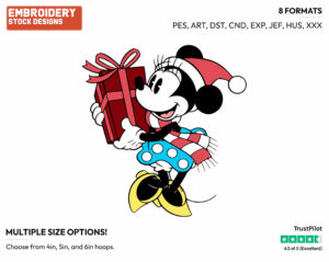 Classic Minnie Mouse Holding A Christmas Present - Disney Characters - Christmas - Holiday Inspired Embroidery Design in 3 sizes & 8 formats