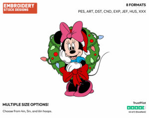 Minnie In Wreath - Disney Characters - Christmas - Holiday Inspired Embroidery Design in 3 sizes & 8 formats