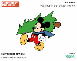 Mickey Mouse Carrying A Christmas Tree - Disney Characters - Christmas - Holiday Inspired Embroidery Design in 3 sizes & 8 formats