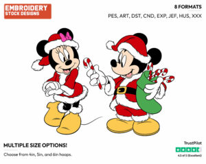 Mickey Offering Minnie A Candy Cane - Disney Characters - Christmas - Holiday Inspired Embroidery Design in 3 sizes & 8 formats