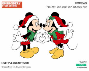 Mickey And Minnie Mouse - Disney Characters - Christmas - Holiday Inspired Embroidery Design in 3 sizes & 8 formats