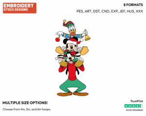 Santa Mickey With Elves Donald Duck And Goofy - Disney Characters - Christmas - Holiday Inspired Embroidery Design in 3 sizes & 8 formats