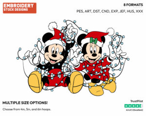 Mickey And Minnie Mouse Tangled Up In Christmas Lights - Disney Characters - Christmas - Holiday Inspired Embroidery Design in 3 sizes & 8 formats