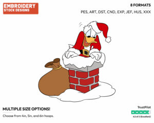 Donald Duck As Santa Claus Trying To Fit Into Chimney - Disney Characters - Christmas - Holiday Inspired Embroidery Design in 3 sizes & 8 formats