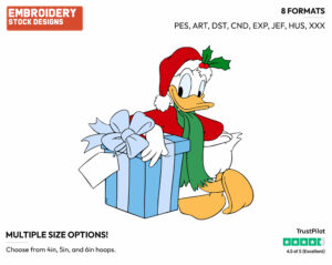 Donald Duck Leaning Against A Christmas Present - Disney Characters - Christmas - Holiday Inspired Embroidery Design in 3 sizes & 8 formats
