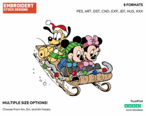 Baby Pluto, Mickey, Minnie Sledding - Disney Characters - Christmas - Holiday Inspired Embroidery Design in 3 sizes & 8 formats