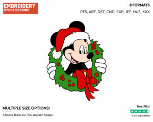 Mickey Mouse In A Wreath - Disney Characters - Christmas - Holiday Inspired Embroidery Design in 3 sizes & 8 formats