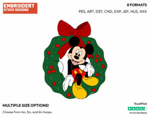Mickey Mouse Sitting In Wreath - Disney Characters - Christmas - Holiday Inspired Embroidery Design in 3 sizes & 8 formats