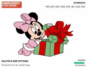 Baby Minnie Opening Present - Disney Characters - Christmas - Holiday Inspired Embroidery Design in 3 sizes & 8 formats