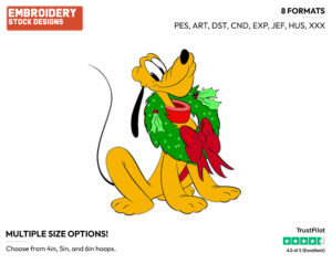 Pluto Wearing Wreath - Disney Characters - Christmas - Holiday Inspired Embroidery Design in 3 sizes & 8 formats