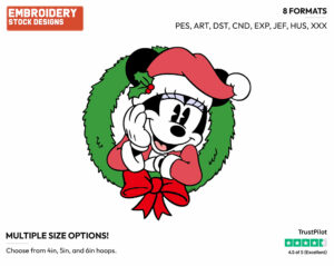 Classic Minnie In Wreath - Disney Characters - Christmas - Holiday Inspired Embroidery Design in 3 sizes & 8 formats