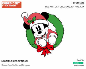 Classic Mickey In Wreath - Disney Characters - Christmas - Holiday Inspired Embroidery Design in 3 sizes & 8 formats