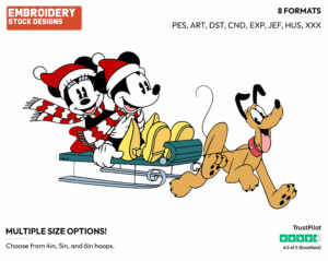 Classic Mickey, Minnie, Pluto Sled - Disney Characters - Christmas - Holiday Inspired Embroidery Design in 3 sizes & 8 formats