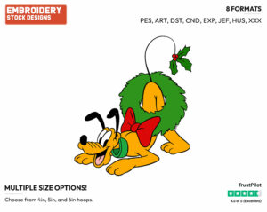 Pluto Wearing A Wreath - Disney Characters - Christmas - Holiday Inspired Embroidery Design in 3 sizes & 8 formats