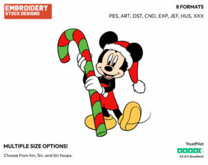 Mickey Mouse, Candy Cane - Disney Characters - Christmas - Holiday Inspired Embroidery Design in 3 sizes & 8 formats