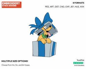 Pluto In A Gift Box - Disney Characters - Christmas - Holiday Inspired Embroidery Design in 3 sizes & 8 formats