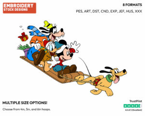 Donald Duck, Mickey Mouse, Goofy, Pluto Sled - Disney Characters - Christmas - Holiday Inspired Embroidery Design in 3 sizes & 8 formats