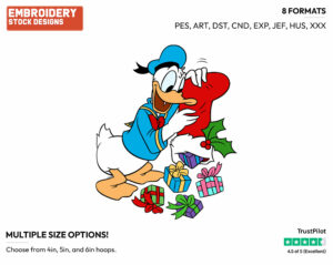 Donald Duck Emptying Stocking - Disney Characters - Christmas - Holiday Inspired Embroidery Design in 3 sizes & 8 formats