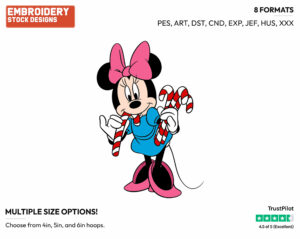 Minnie Mouse Eating Candy Cane - Disney Characters - Christmas - Holiday Inspired Embroidery Design in 3 sizes & 8 formats