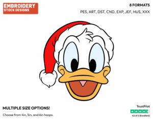 Donald Duck Wearing Santa Hat - Disney Characters - Christmas - Holiday Inspired Embroidery Design in 3 sizes & 8 formats