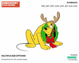 Pluto Wearing Antlers - Disney Characters - Christmas - Holiday Inspired Embroidery Design in 3 sizes & 8 formats