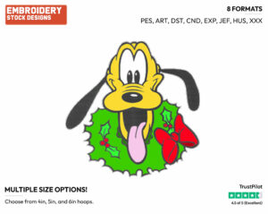 Pluto Wearing Wreath - Disney Characters - Christmas - Holiday Inspired Embroidery Design in 3 sizes & 8 formats