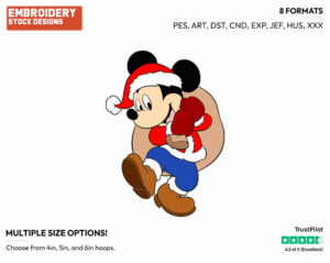 Mickey Mouse Carrying Bag Of Presents - Disney Characters - Christmas - Holiday Inspired Embroidery Design in 3 sizes & 8 formats