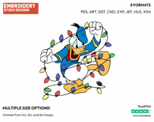 Donald Duck Tangled In Christmas Lights - Disney Characters - Christmas - Holiday Inspired Embroidery Design in 3 sizes & 8 formats
