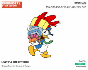 Donald Duck Carrying Presents - Disney Characters - Christmas - Holiday Inspired Embroidery Design in 3 sizes & 8 formats