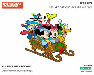Mickey, Minnie, Goofy, Donald, Pluto In A Sled - Disney Characters - Christmas - Holiday Inspired Embroidery Design in 3 sizes & 8 formats