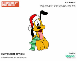 Pluto Wearing Santa Hat - Disney Characters - Christmas - Holiday Inspired Embroidery Design in 3 sizes & 8 formats