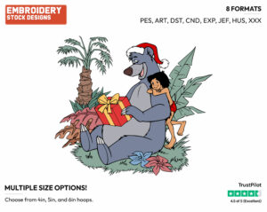 Mowgli And Baloo Holding A Christmas Present - Disney Characters - Christmas - Holiday Inspired Embroidery Design in 3 sizes & 8 formats