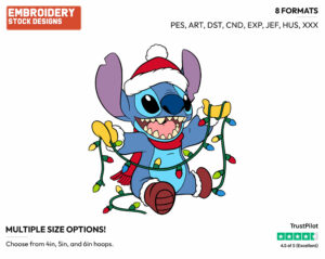 Stitch Holding Christmas Lights - Disney Characters - Christmas - Holiday Inspired Embroidery Design in 3 sizes & 8 formats